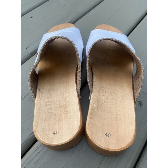 Women's Clogs Mules Sandals Open Toe Slip-On Sz 40,9.5White Leather Cut Out Wood - Picture 10 of 14
